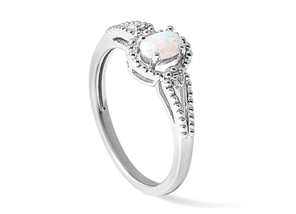Sterling Silver Rhodium-plated Created Opal & Diam. Ring