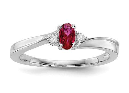Sterling Silver Rhod-plated Created Ruby/Diamond Birthstone Ring
