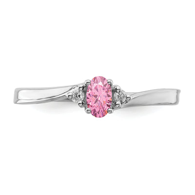 Sterling Silver Rhodium-plated Pink CZ & Diamond Birthstone Ring