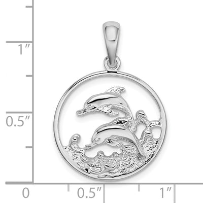 De-Ani Sterling Silver Rhodium-Plated Polished Dolphins Swimming Oval Pendant