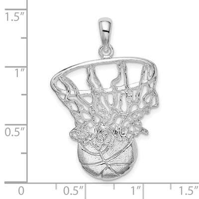 De-Ani Sterling Silver Rhodium-Plated Polished Basketball in Net Pendant