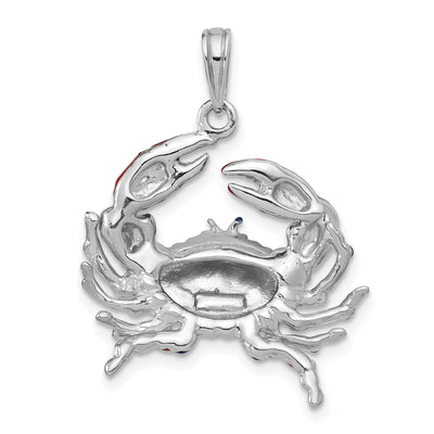 De-Ani Sterling Silver Rhodium-Plated Polished Enameled Blue Stone Crab Pendant, 28 x 21mm