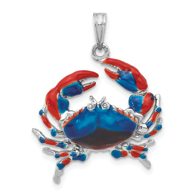 De-Ani Sterling Silver Rhodium-Plated Polished Enameled Blue Stone Crab Pendant, 28 x 21mm