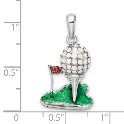 De-Ani Sterling Silver Rhodium-Plated Polished Enameled Golf Ball with Tee Pendant