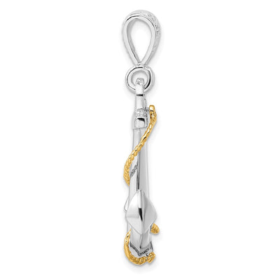 De-Ani Sterling Silver Rhodium-Plated Polished 3D Anchor with 14K Rope Pendant
