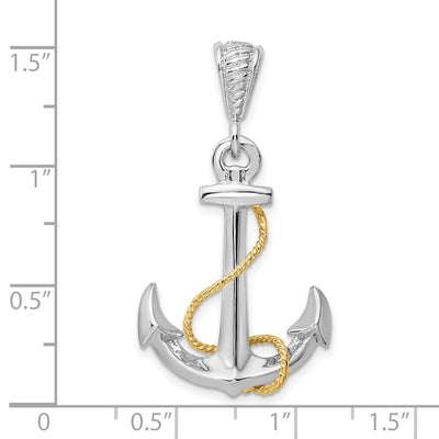 De-Ani Sterling Silver Rhodium-Plated Polished 3D Anchor with 14K Rope Pendant