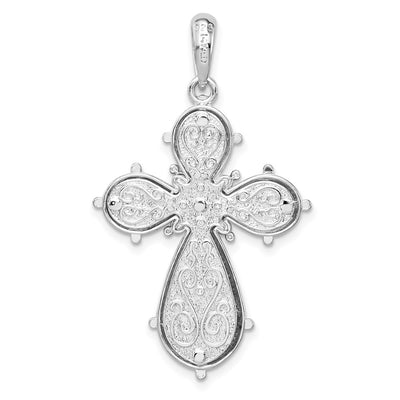 De-Ani Sterling Silver Rhodium-Plated Polished Filigree Cross with 14K Accent Pendant