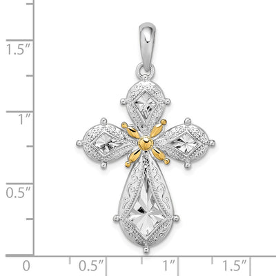 De-Ani Sterling Silver Rhodium-Plated Polished Filigree Cross with 14K Accent Pendant