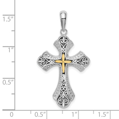 De-Ani Sterling Silver Rhodium-Plated Filigree Budded Cross with 14K Accent Pendant