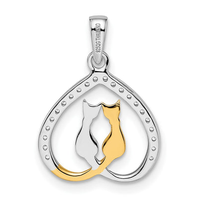 Sterling Silver RH-plated & Gold-plated CZ Heart w/Two Cats Pendant