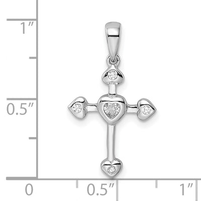 Sterling Silver Rhodium-plated CZ Heart Cross Pendant, 25.18 x 14.58mm