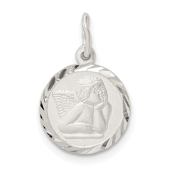Sterling Silver Polished Satin and D/C Cherub Circle Charm, 19.55 x 12.13mm