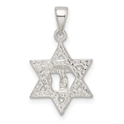 Sterling Silver Polished and D/C Star of David w/Chai Pendant