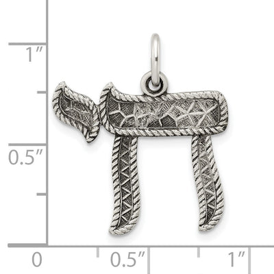 Sterling Silver Solid Antiqued and Textured Chai Symbol Pendant, 26.28 x 22.13mm