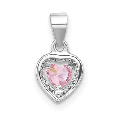 Sterling Silver Rhodium-plated Clear and Pink CZ Heart Pendant, 12.2 x 7.4mm