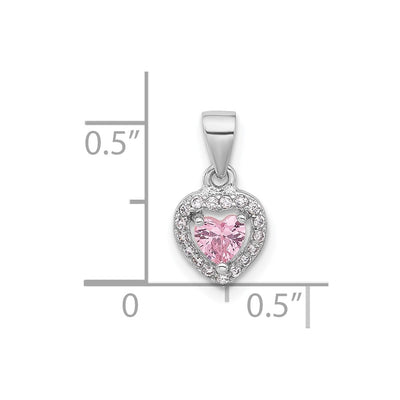 Sterling Silver Rhodium-plated Clear and Pink CZ Heart Pendant, 12.2 x 7.4mm