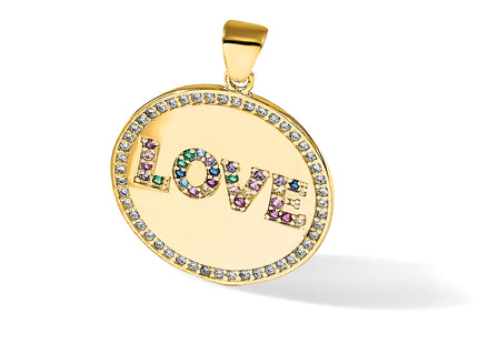 Sterling Silver Gold-tone Rainbow CZ Love Disc Pendant