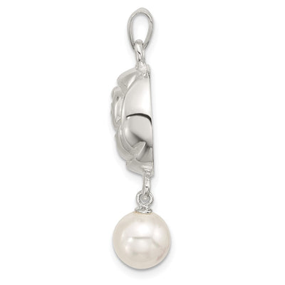 Sterling Silver Polished Textured Domed Flower with Dangle Pearl Pendant