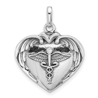 Sterling silver cubic zirconia caduceus pendant