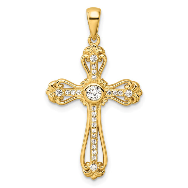 Sterling Silver Gold-plated CZ Cross Pendant, 35.7 x 20mm