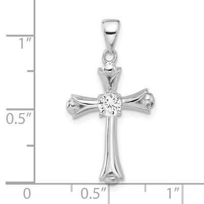 Sterling Silver Rhodium-plated CZ Budded Cross Pendant, 28.85 x 15.3mm