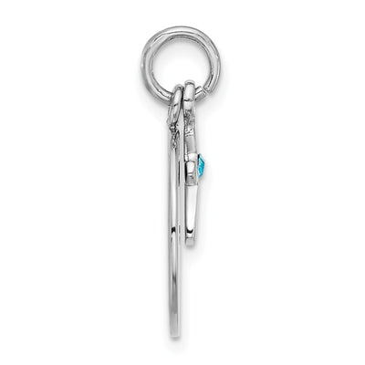 SS Rhodium-plated Circle Disk and Cross with Blue Crystal Pendant