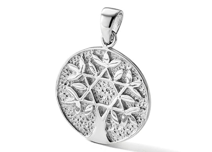 Sterling Silver Rhodium-Plated Polished Star of David in Tree Round Pendant