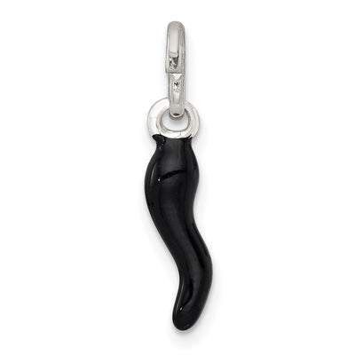 Sterling Silver Black Enamel Italian Horn Pendant, 19.8 x 4.3mm