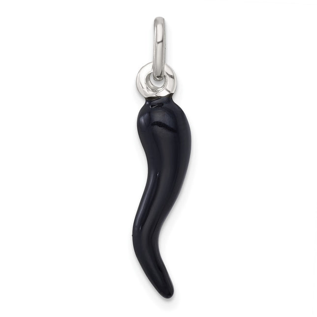 Sterling Silver Black Enamel Italian Horn Pendant, 29.1 x 6.7mm