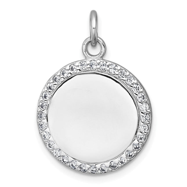 Sterling Silver Rhodium-plated Polished CZ Engraveable Circle Pendant, 26.9 x 19.2mm