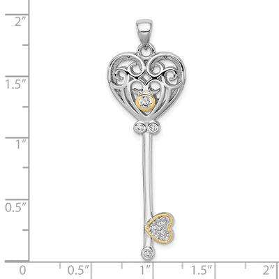 Sterling Silver Rhodium-plated with 14K Accent Polished CZ Filigree Heart Key Pendant