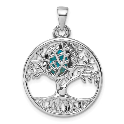 Sterling Silver Rhodium-plated Polished CZ and Compressed Turquoise Cabochon Tree of Life Pendant