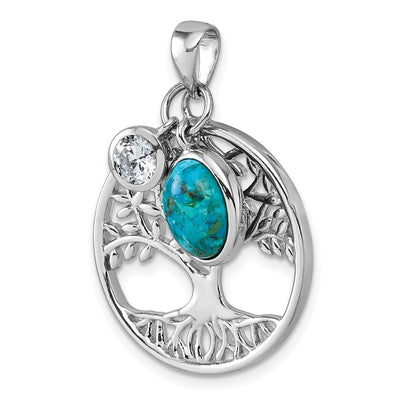 Sterling Silver Rhodium-plated Polished CZ and Compressed Turquoise Cabochon Tree of Life Pendant