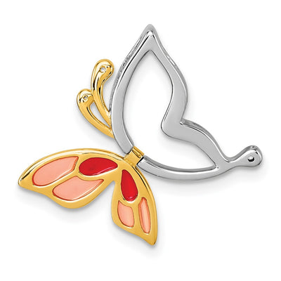 Sterling Silver Rhodium-plated and Gold-tone Pink and Red Enameled with White CZ Moveable Wing Butterfly Chain Slide Pendant