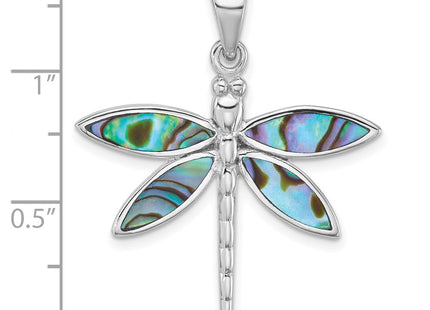 Sterling Silver Rhodium-plated Polished Abalone Dragonfly Pendant (Style QC11573)
