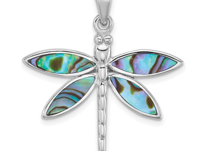 Sterling Silver Rhodium-plated Polished Abalone Dragonfly Pendant (Style QC11573)