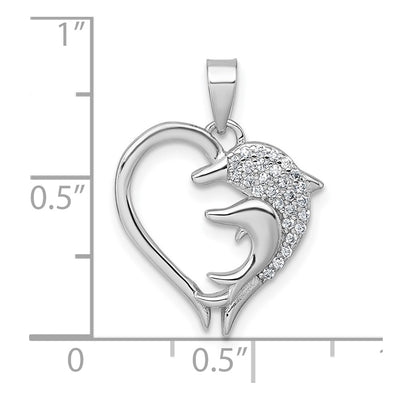 Sterling Silver Rhodium-plated Polished CZ Dolphins Heart Pendant