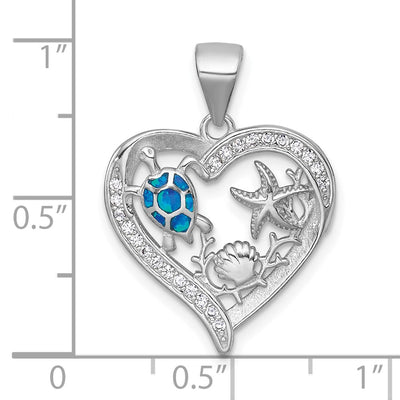 Sterling Silver Rhodium-plated Polished and Textured Blue Lab Created Opal and CZ Sealife Heart Pendant