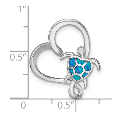 Sterling Silver Rhodium-plated Polished Blue Lab Created Opal Turtle Open Heart Chain Slide Pendant