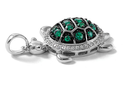 Sterling Silver White and Black Rhodium-plated White and Green CZ Turtle Pendant