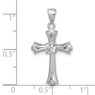 Sterling Silver Rhodium-plated Center CZ Fleur de Lis Cross Pendant