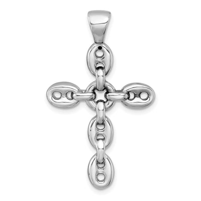 Sterling Silver Rhodium-plated Polished Puffed Mariner/Anchor Link Cross Pendant