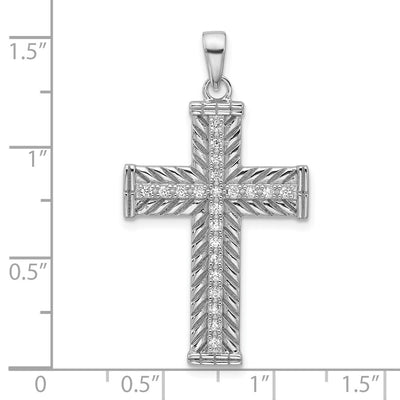 Sterling Silver Rhodium-plated CZ Polished and Textured Cross Pendant
