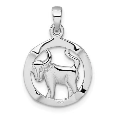 Sterling Silver Rhodium-plated Polished Reversible Taurus Bull in Circle Zodiac Pendant