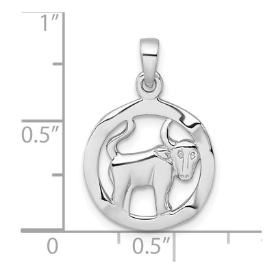 Sterling Silver Rhodium-plated Polished Reversible Taurus Bull in Circle Zodiac Pendant