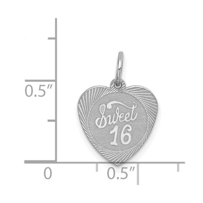 Sterling Silver Rhodium-plated Sweet Sixteen Heart Disc Charm, 19 x 14mm