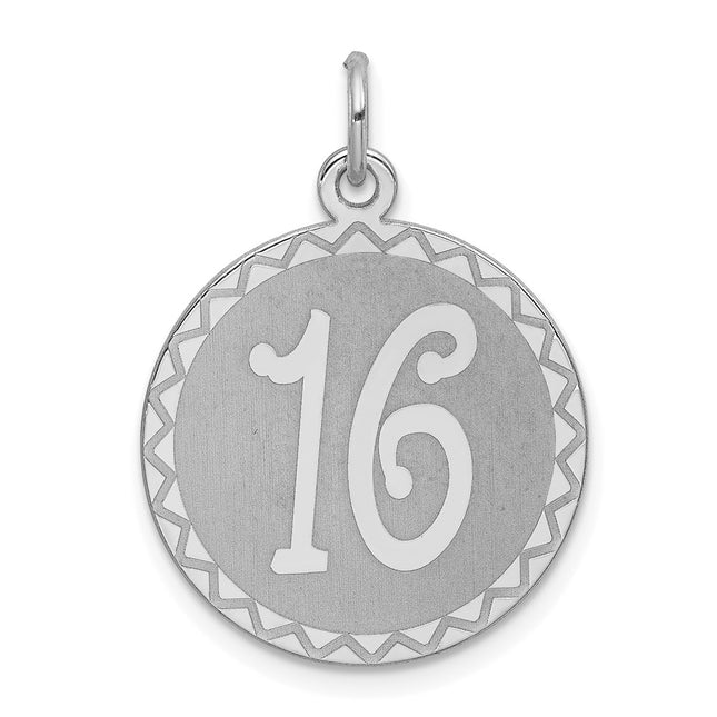 Sterling Silver Rhodium-plated Sweet Sixteen Disc Charm, 27 x 19mm