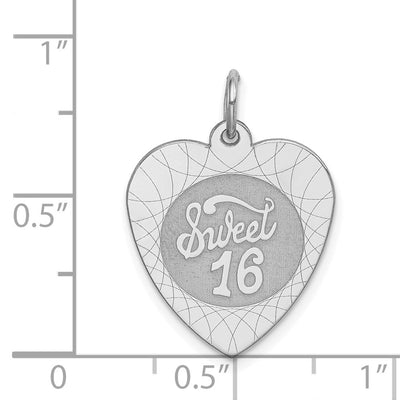 Sterling Silver Rhodium-plated Sweet Sixteen Heart Disc Charm, 25 x 17mm
