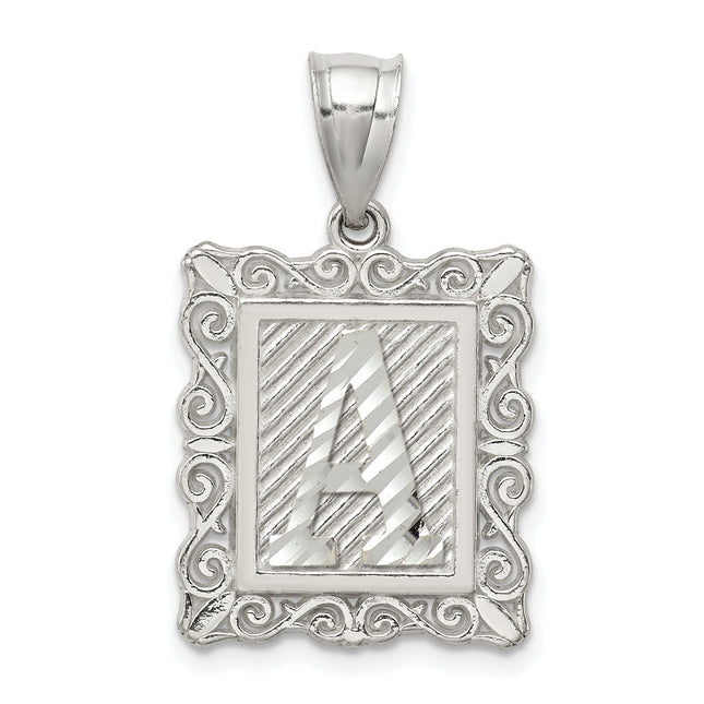 Sterling Silver Square Diamond-cut Letter Initial Pendant