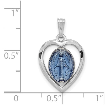 Sterling Silver Platinum-plated Miraculous Heart Medal, 23 x 14mm